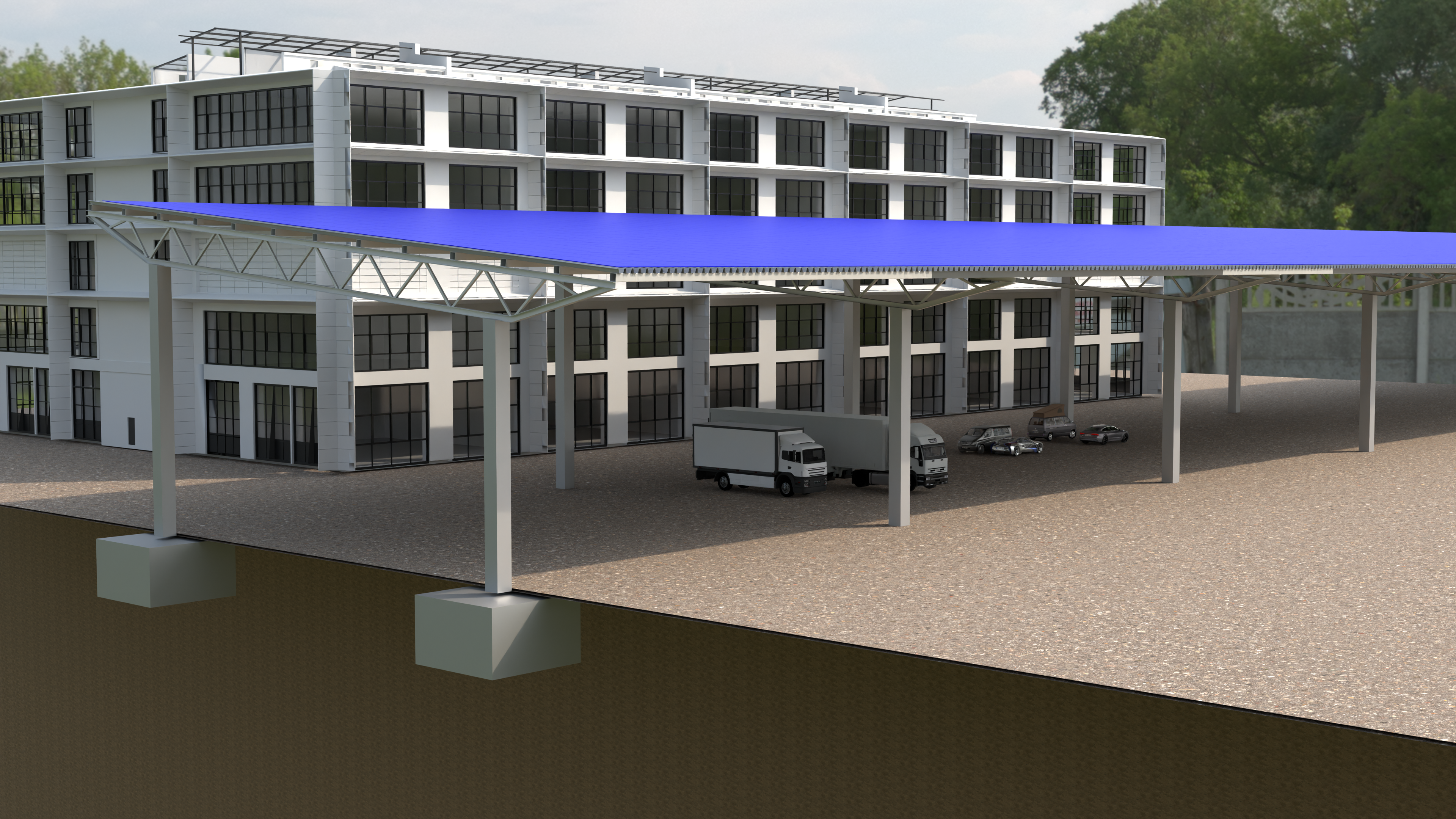 Solar-Carport vor einer Industriehalle mit Lkw und Pkw-Stellplätzen